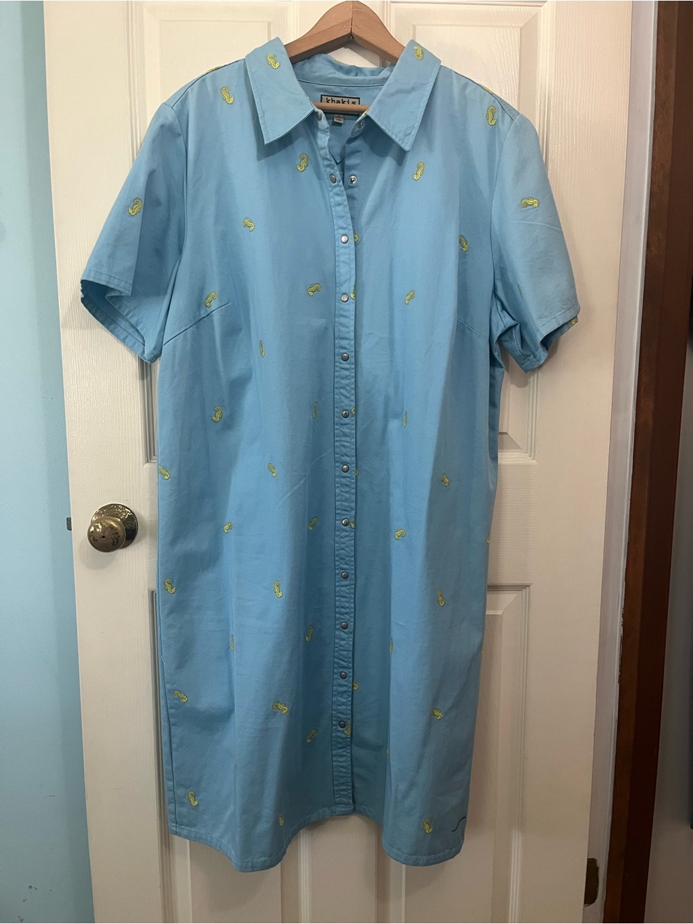 Khakis Denim Seahorse Embroidered Button Down Dress 100% cotton